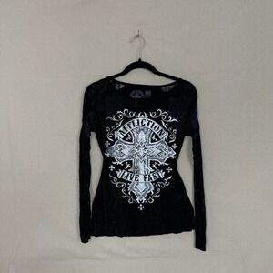 Affliction Live Fast Women Black Lace Shoulder Cross Graphic Long Sleeve Top M